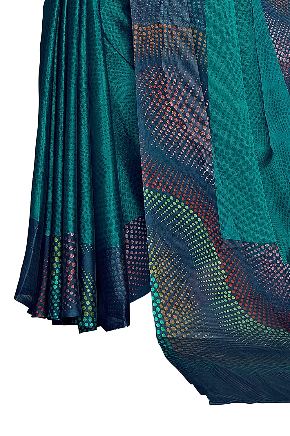 Mirchi Fashion Women's Teal Chiffon Colorful Moire Prints Saree | Grocsy