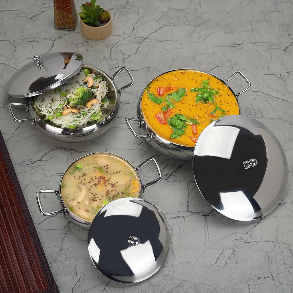 Sumeet Stainless Steel Apple Shape Cook and Serve Handi Set with Lid and Handle|3 Pieces - 650ml, 1150ml & 1700ml | Grocsy