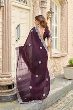 Vastranavya Wine Embroidery Work Shimmer Chiffon Saree with Unstitched Blouse | Grocsy