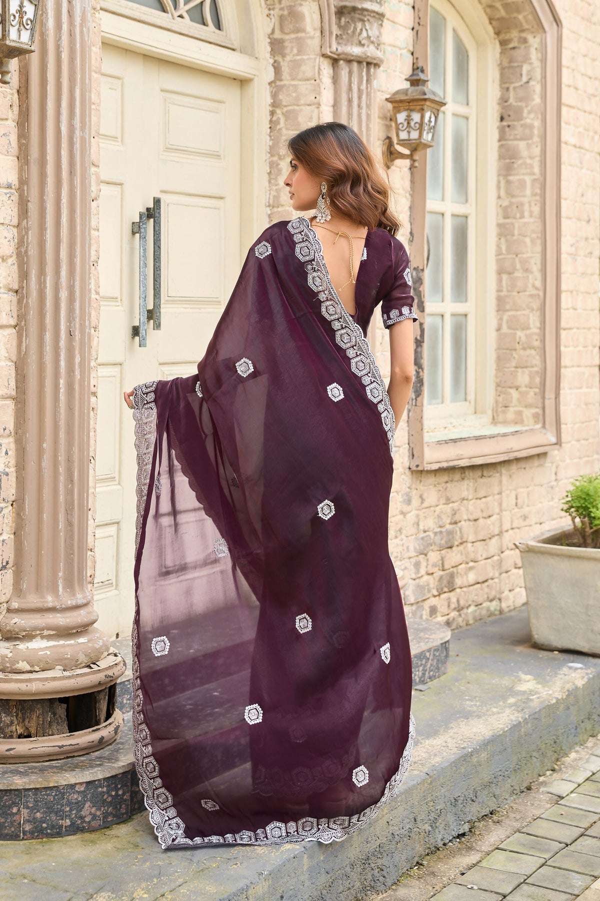 Vastranavya Wine Embroidery Work Shimmer Chiffon Saree with Unstitched Blouse | Grocsy