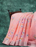 Baby Peach Floral Print Semi Chanderi Saree By Gayathri Reddy Designer Studio | Grocsy