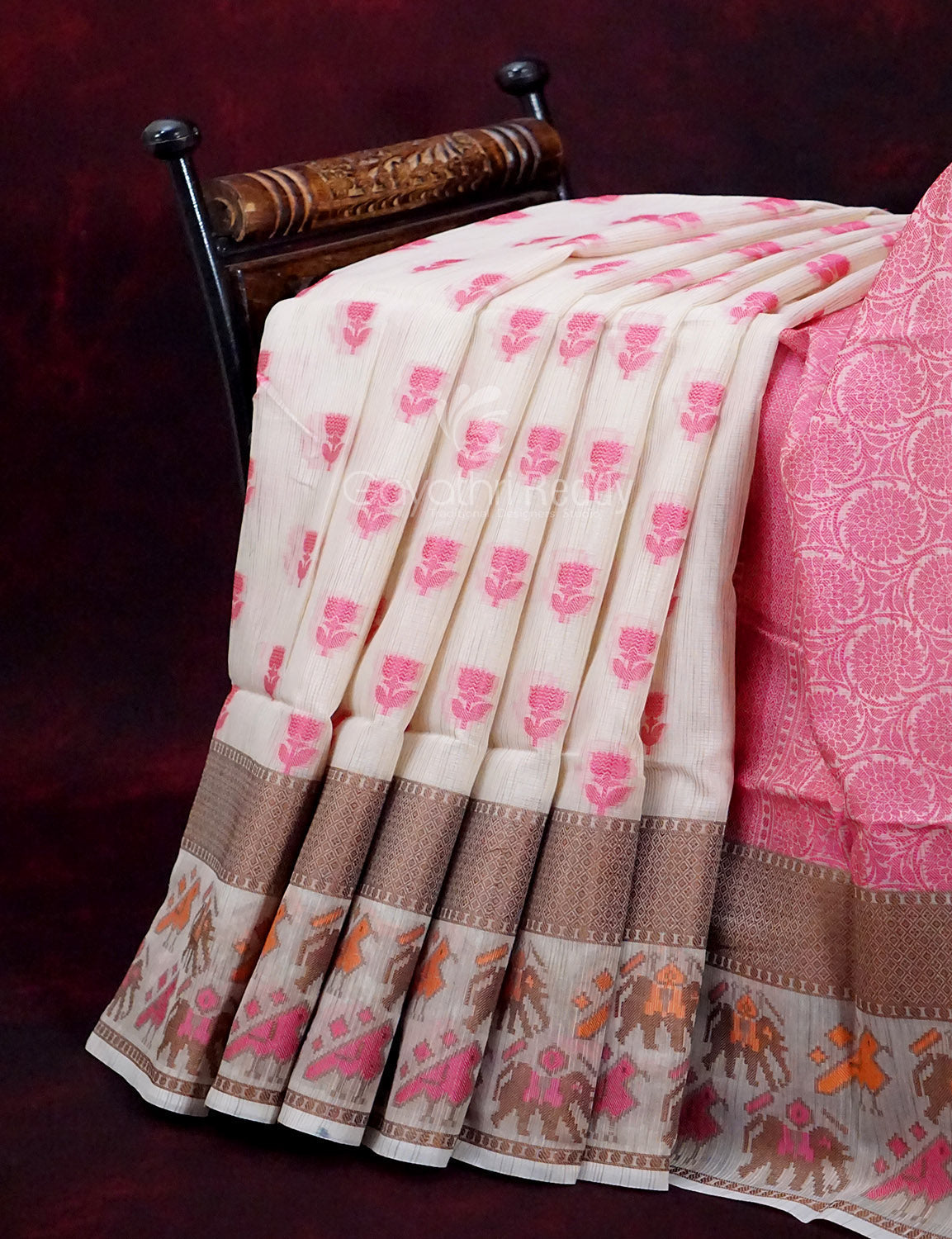 Combo of Cream and Pink with Floral Buttes Banarasi Munga Kota Saree By Gayathri Reddy Designer Studio | Grocsy