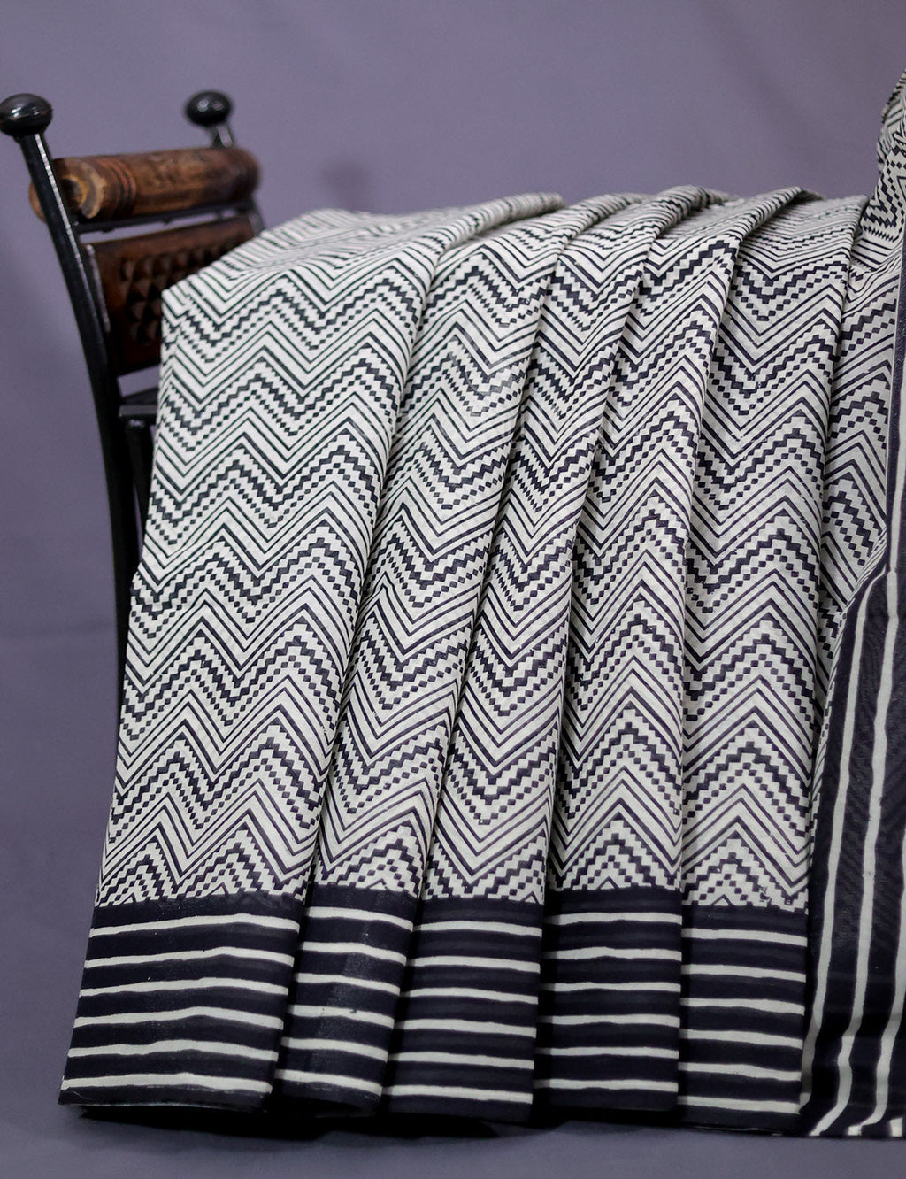 Cream And Black Colour Combo With Waves Print Pure Mulmul Cotton Saree By Gayathri Reddy Designer Studio | Grocsy