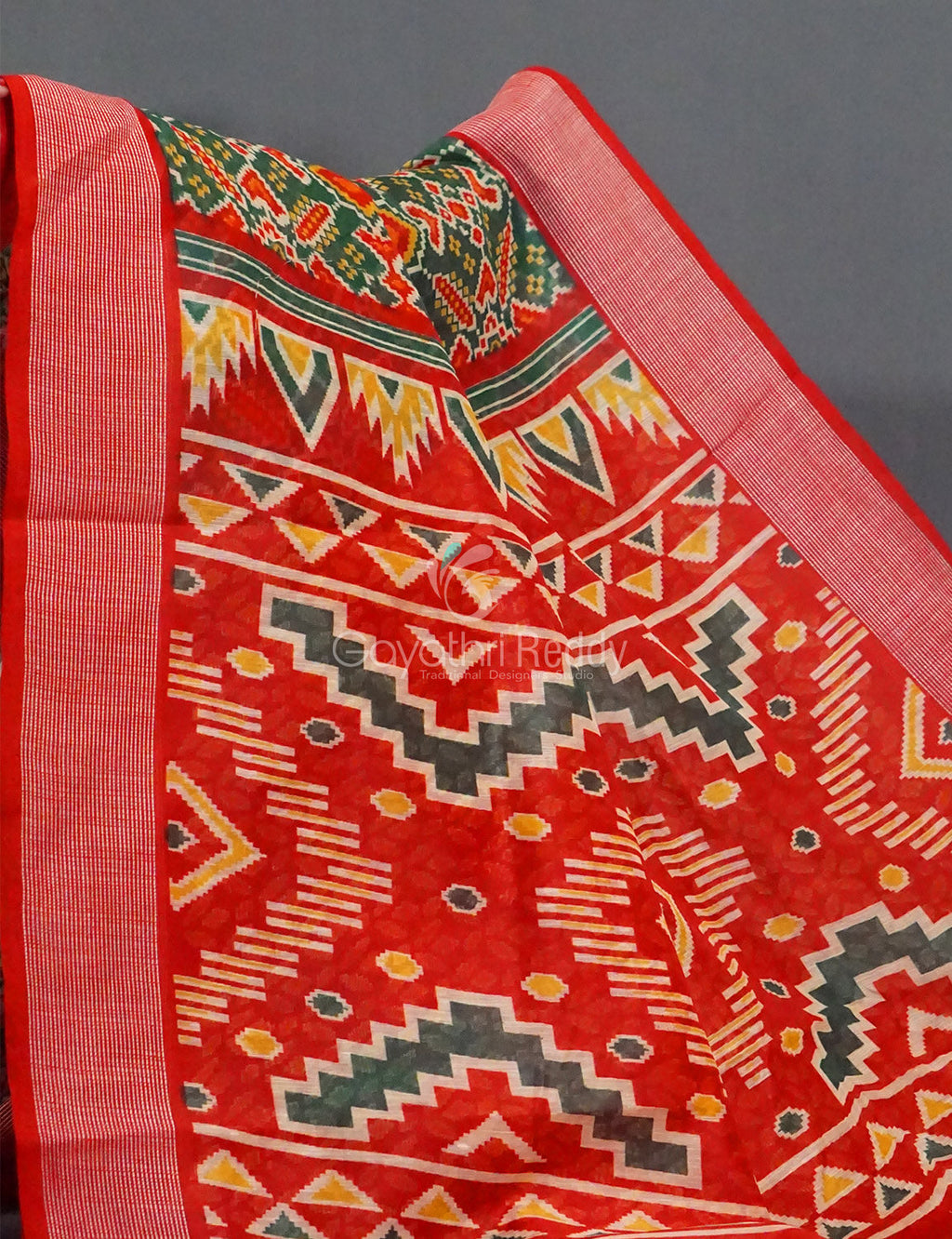 Combo of Parrot Green and Red Patola Print Semi Chanderi Saree By Gayathri Reddy Designer Studio | Grocsy