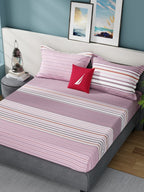 Nautica Bradford Pink & White Striped Cotton 160 TC King Bedsheet with 2 Pillow Covers | Grocsy