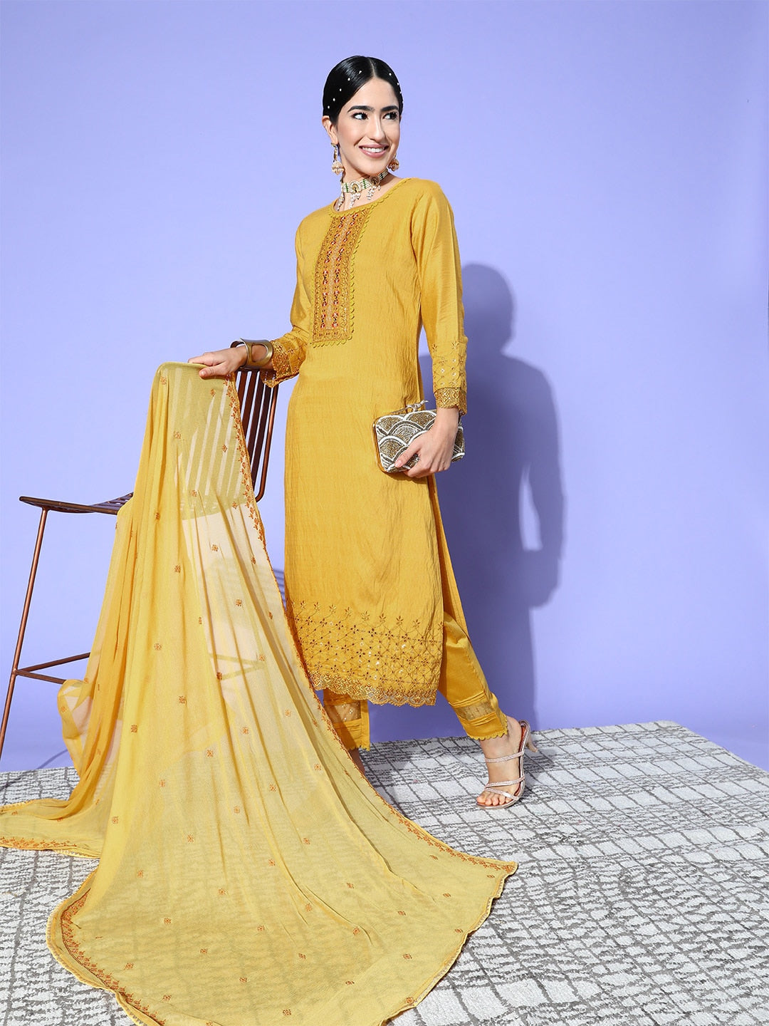 Sangria Floral Embroidered Regular Sequinned Kurta with Trousers & With Dupatta | Grocsy
