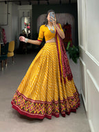 Vastranavya Cultural Leheriya With Patola Print Border Tussar Silk Lehenga Choli - Yellow | Grocsy