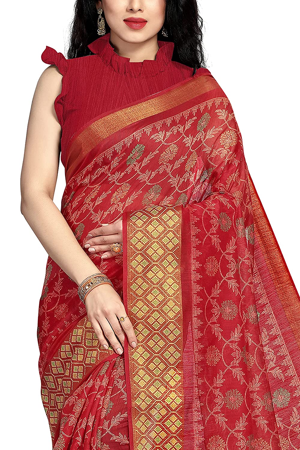Mirchi Fashion Women's Red Cotton Blend Kalamkari Printed Saree | Grocsy