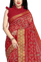 Mirchi Fashion Women's Red Cotton Blend Kalamkari Printed Saree | Grocsy
