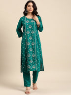 All About You Ethnic Motifs Embroidered Panelled Thread Work Chanderi Silk Kurta Set | Grocsy