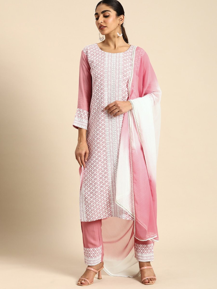 All About You Women Embroidered Chikankari Kurta With Trousers & With Dupatta | Grocsy
