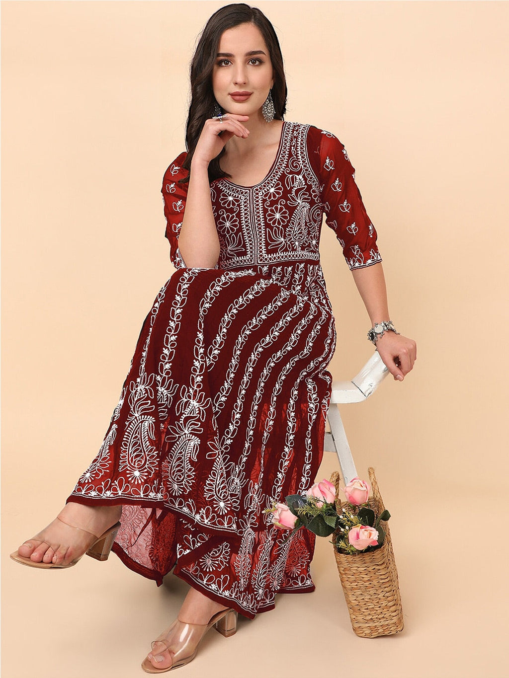 HERE&NOW Scoop Neck Chikankari Embroidered Thread Work Georgette Anarkali Kurta | Grocsy