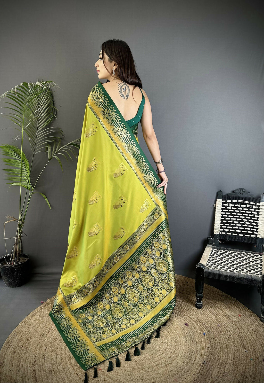 Joban Fashion Light Green Banarasi Soft Silk Peacock Butta Work Saree | Grocsy