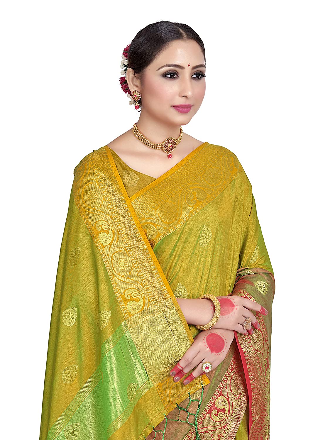 Vardha Women's Yellow Woven Raw Silk Saree | Grocsy