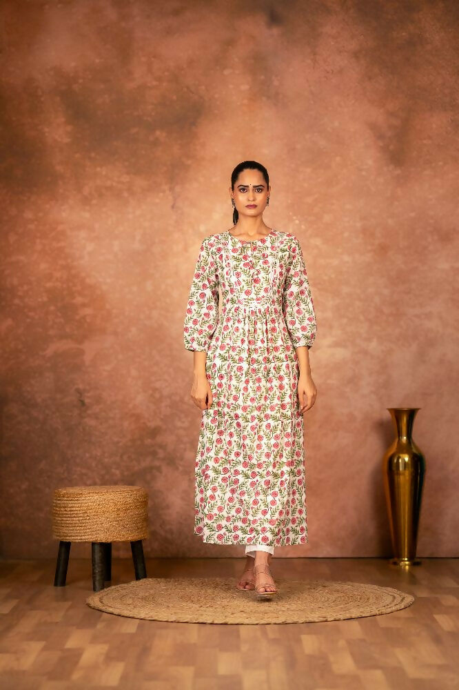 Joban Fashion Red Floral Hand Block Printed Cotton Kurta Pant Set | Grocsy