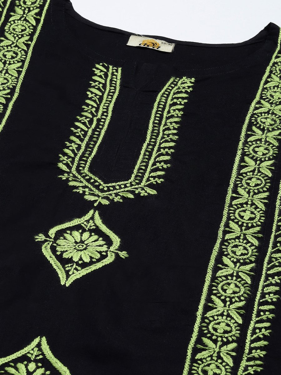 ADA Women Black & Green Ethnic Motifs Embroidered Chikankari Handloom Handloom Kurta | Grocsy