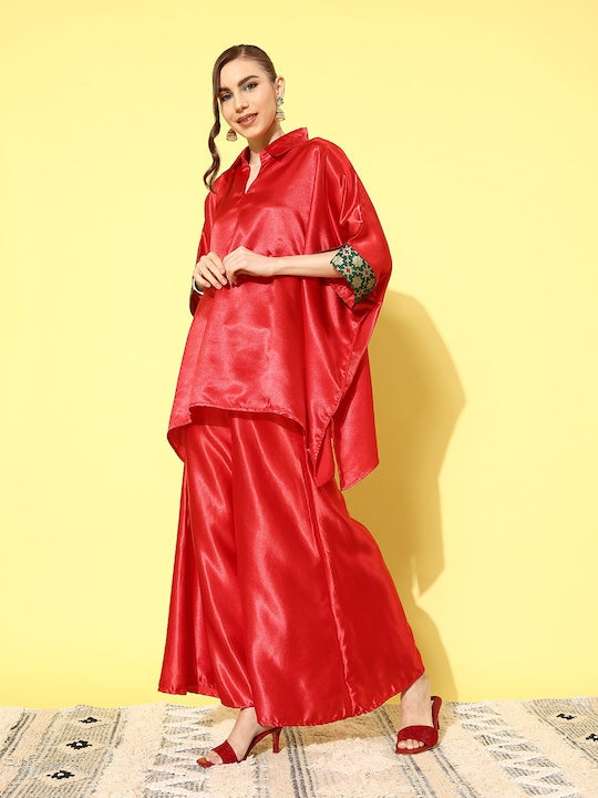 InWeave Women's Red Green Brocade Satin Boho Kurta Palazzo Set | Grocsy