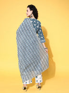 All About You Blue Floral Printed Gotta Patti Pure Cotton Kurta With Trousers & Dupatta | Grocsy
