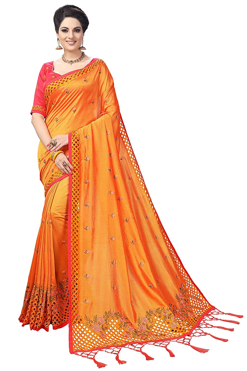 Sarvadarshi Fashion Women'S Satin Silk Blend Orange Pink Color Saree | Grocsy