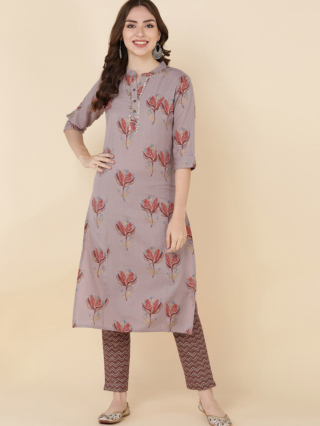 HERE&NOW Women Coffee Brown Floral Embroidered Straight Kurta With Trousers | Grocsy