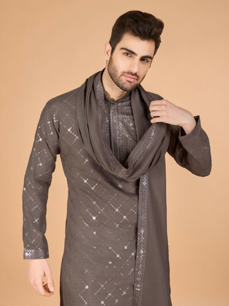 Vastranavya Brown Exclusive Festival Wear Viscose Silk Thread & Sequence Embroidered Work Kurta with Dupatta | Grocsy