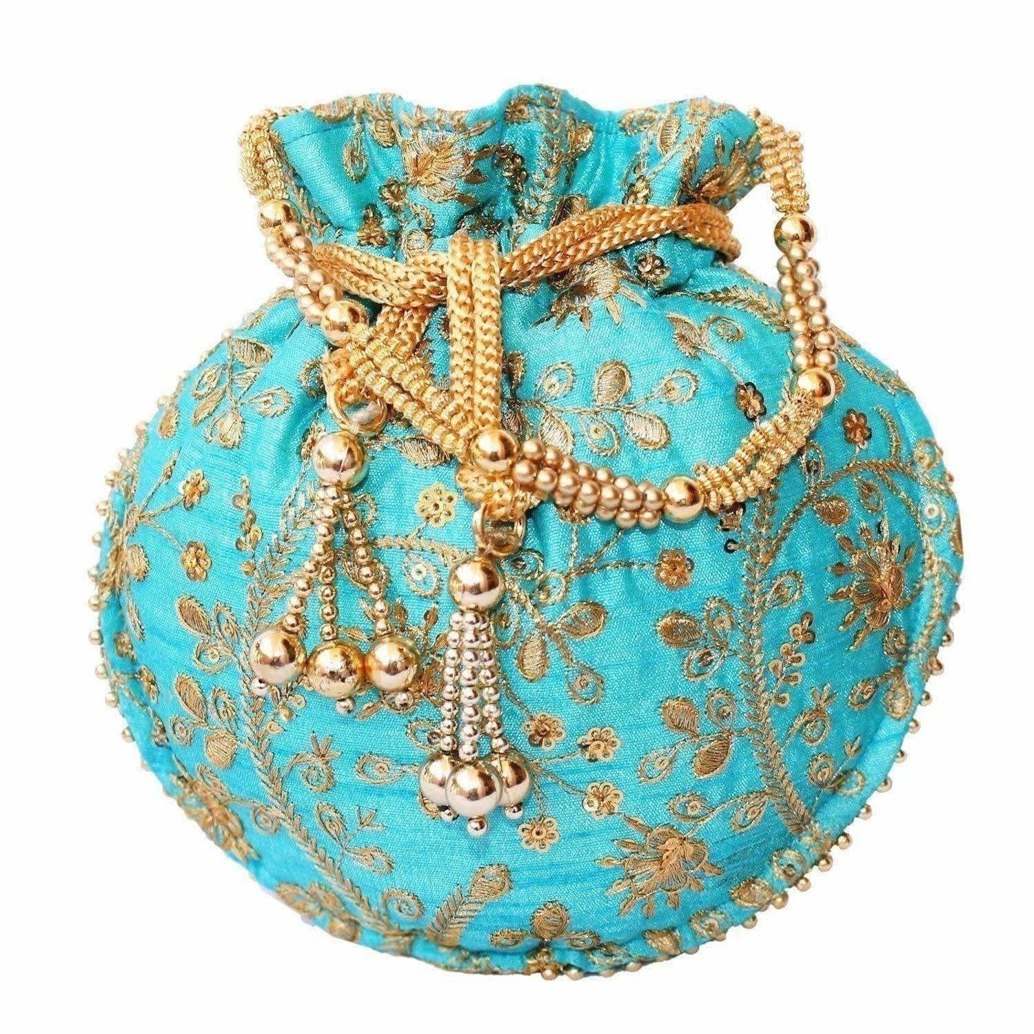 Ethnic Clutch Silk Potli Batwa Pouch Bag with Metal Bead work Gift | Grocsy