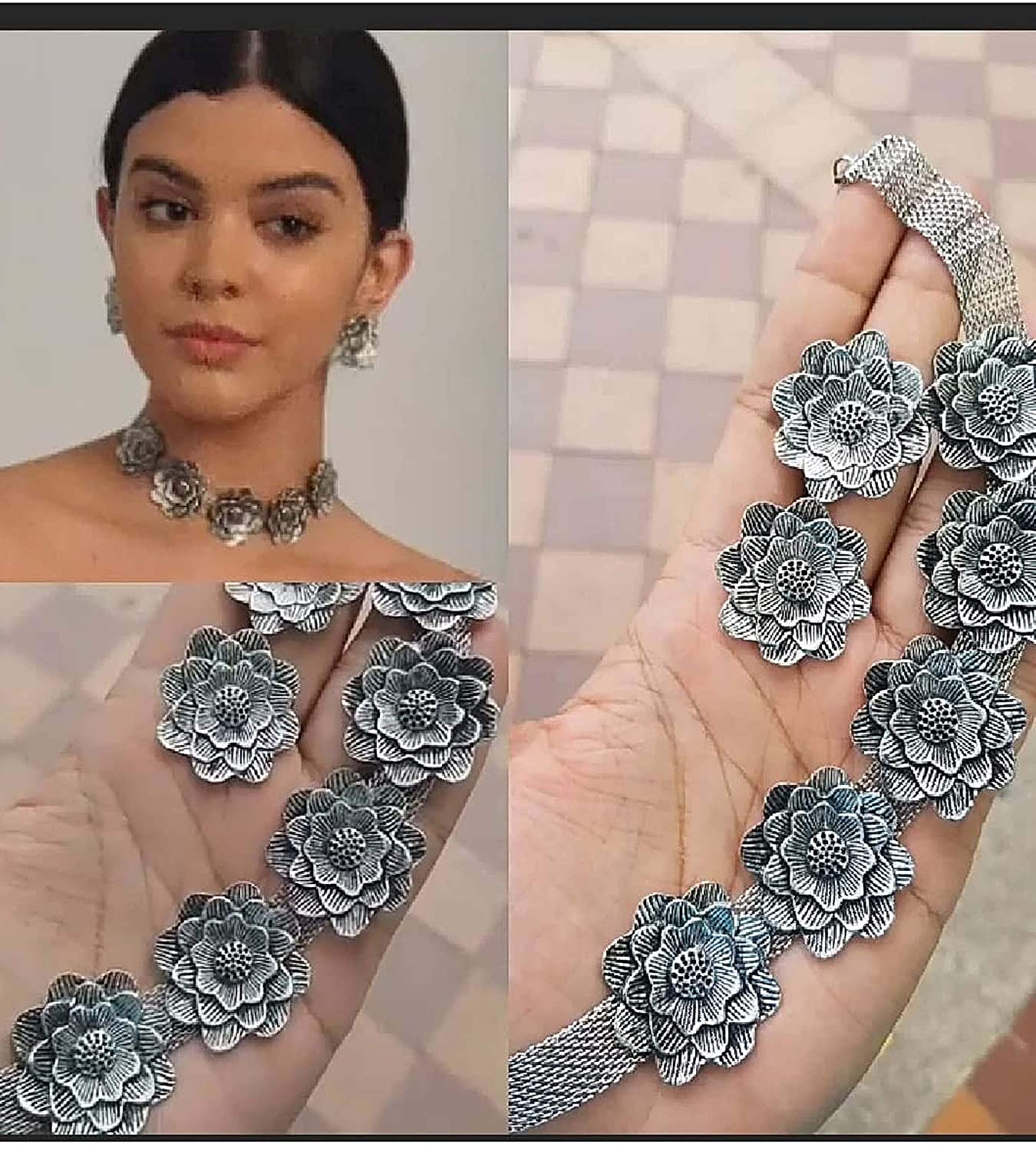 Silver-Plated Alloy Oxidised Rose Shape Necklace - The Pari | Grocsy