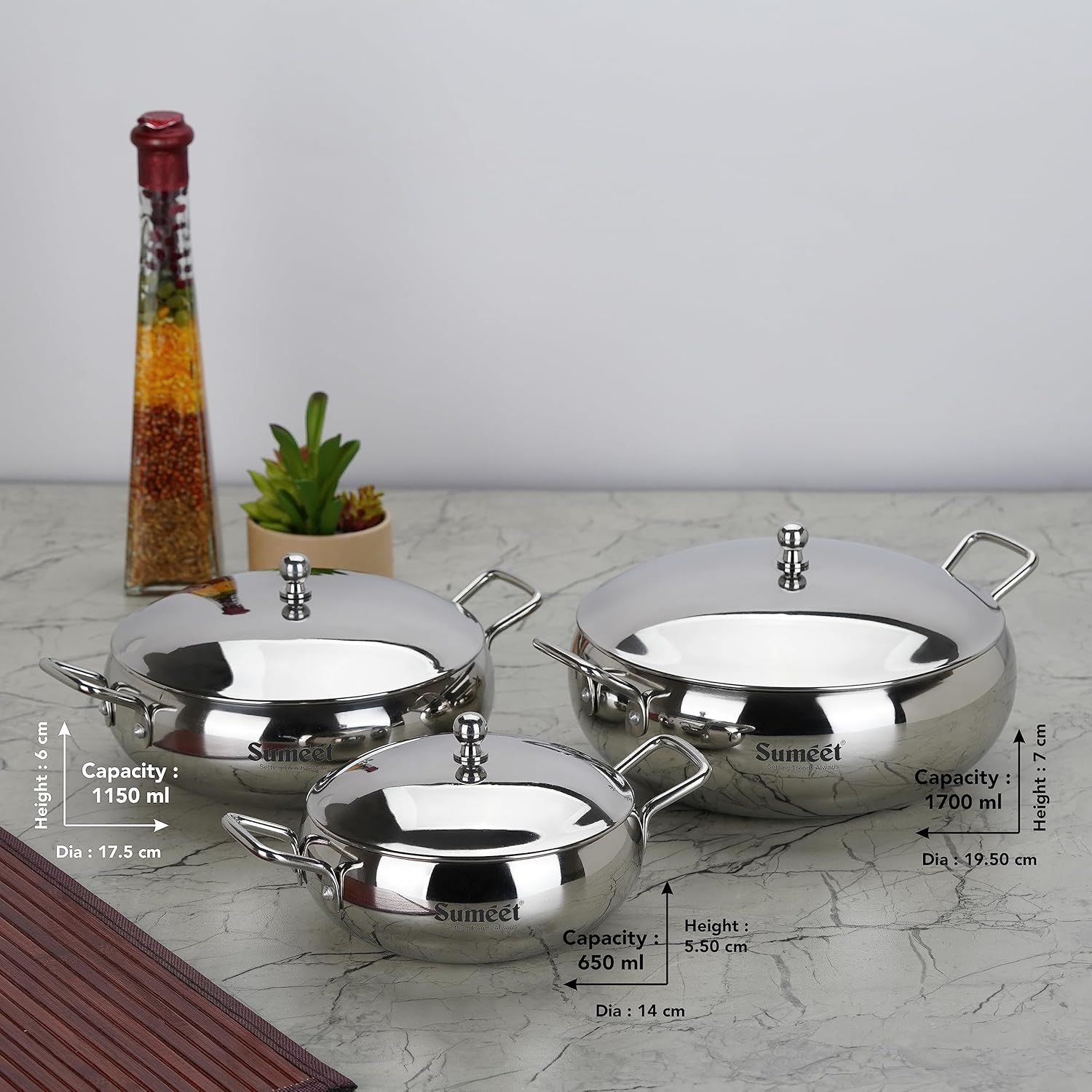 Sumeet Stainless Steel Apple Shape Cook and Serve Handi Set with Lid and Handle|3 Pieces - 650ml, 1150ml & 1700ml | Grocsy