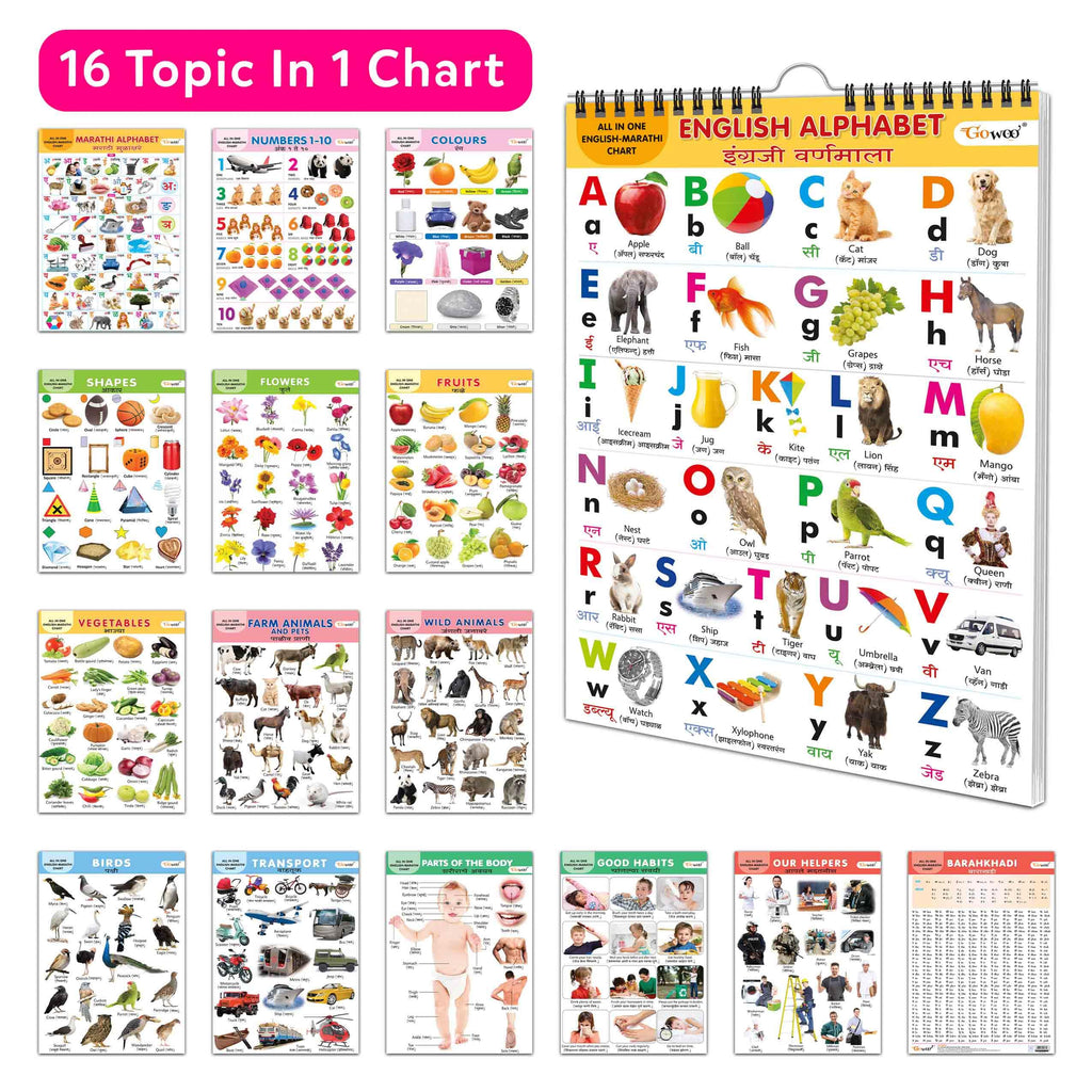 English-Marathi Chart For Kids (16 Charts ) 36 X 50 Cm - Children Spiral Wall Picture Chart | Grocsy