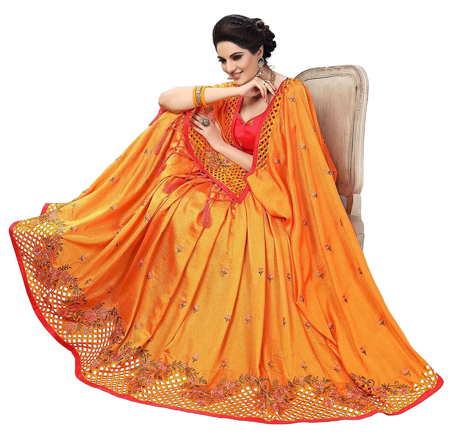 Sarvadarshi Fashion Women'S Satin Silk Blend Orange Pink Color Saree | Grocsy