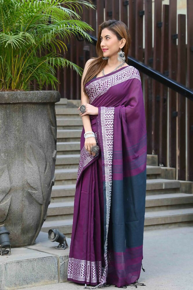 Beatitude Purple Cotton Jacqaurd Border Tangail Handloom Saree | Grocsy