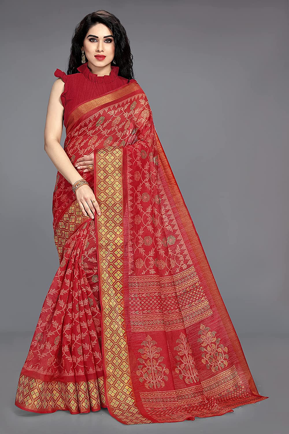 Mirchi Fashion Women's Red Cotton Blend Kalamkari Printed Saree | Grocsy