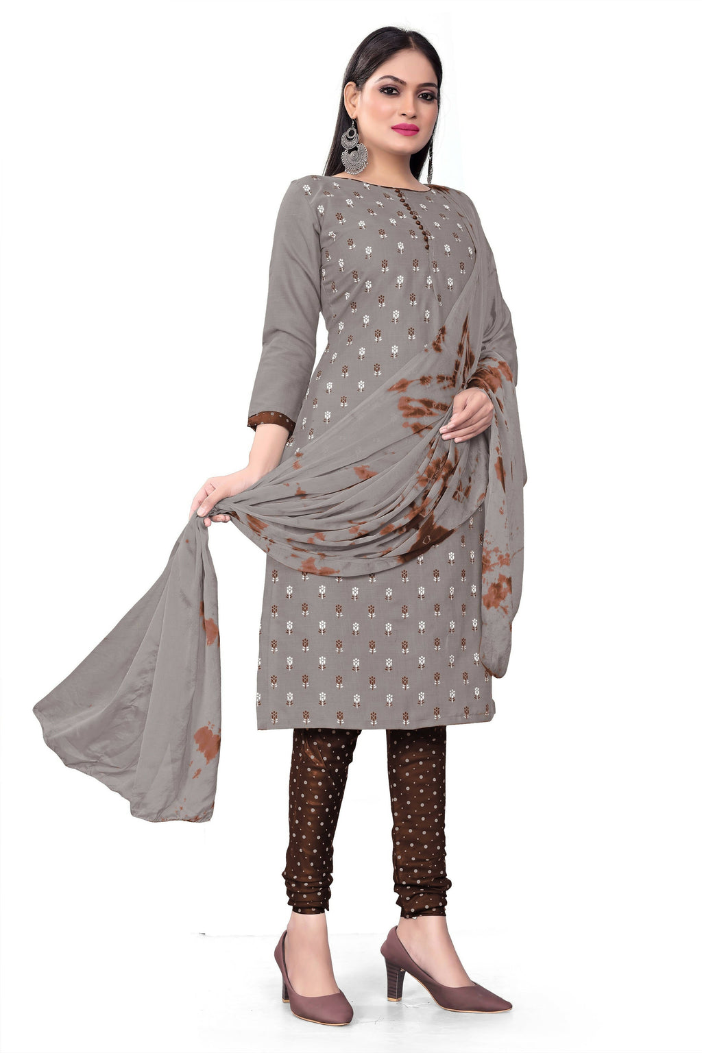 Grey Slab cotton Printed Unstitched Dress Material - Tanvi | Grocsy