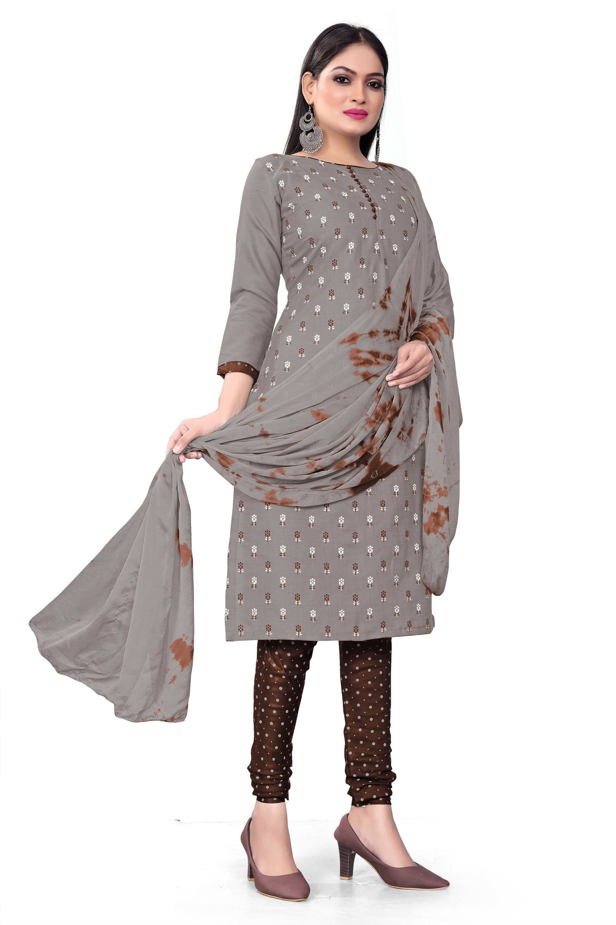 Grey Slab cotton Printed Unstitched Dress Material - Tanvi | Grocsy