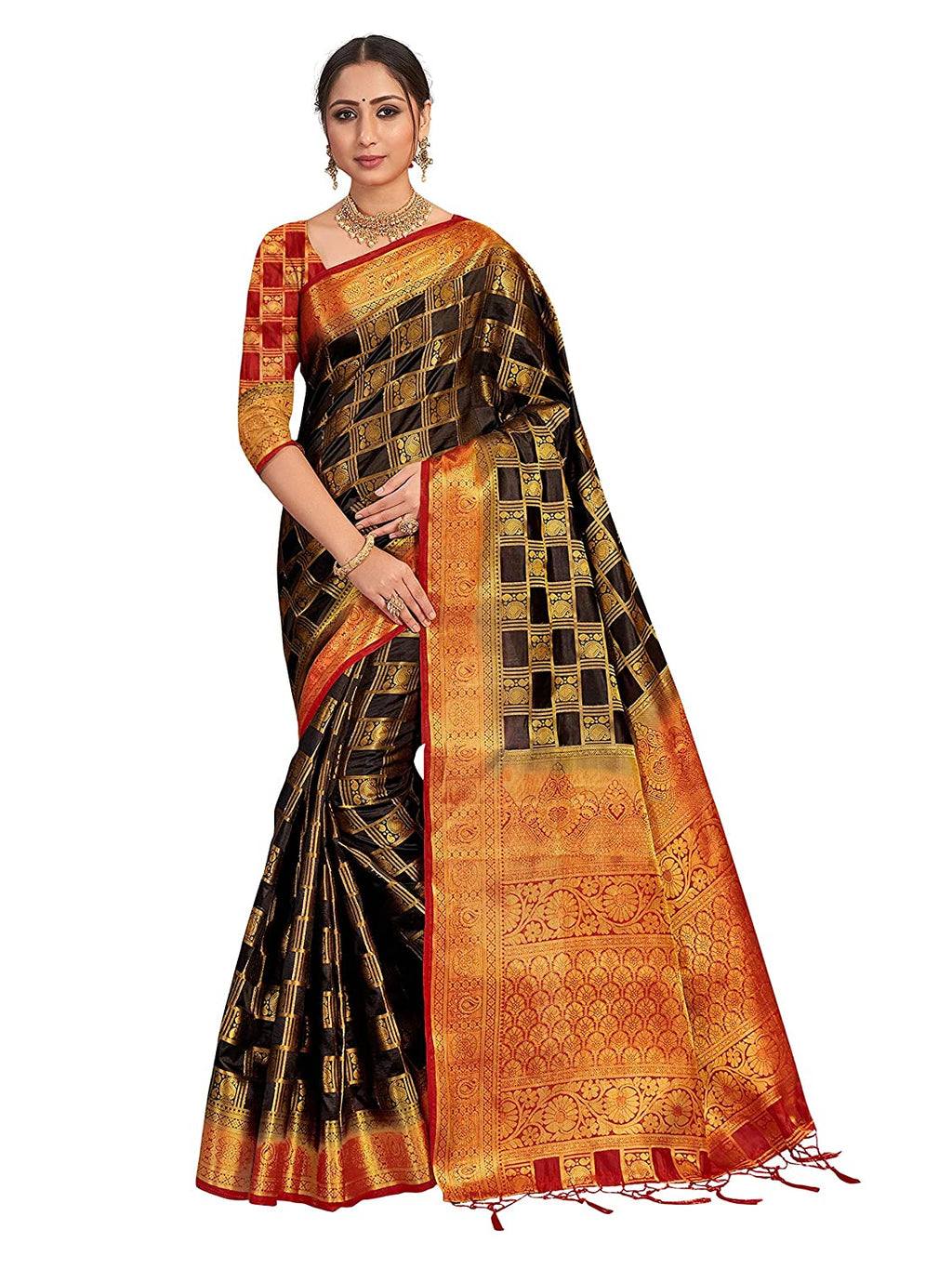 Vardha Women's Black Woven Art Silk Saree With Blouse Piece | Grocsy