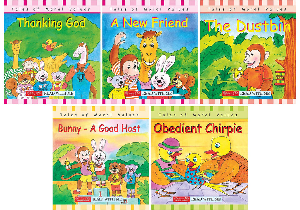 Storybook For Kids: Scholars Hub Moral Values Story Set 1 (Set Of 5 Books) (Illustrated) (Ages 5+) (80 Pages) | Thanking God | A New Friend | The Dustbin | Bunny- A Good Host | Obedient Chirpie | Grocsy