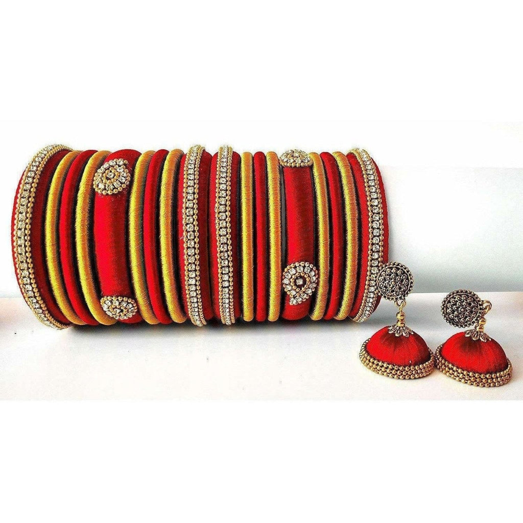 Red Grand Wedding Silk Thread Bangle Set with Jhumka Ear rings