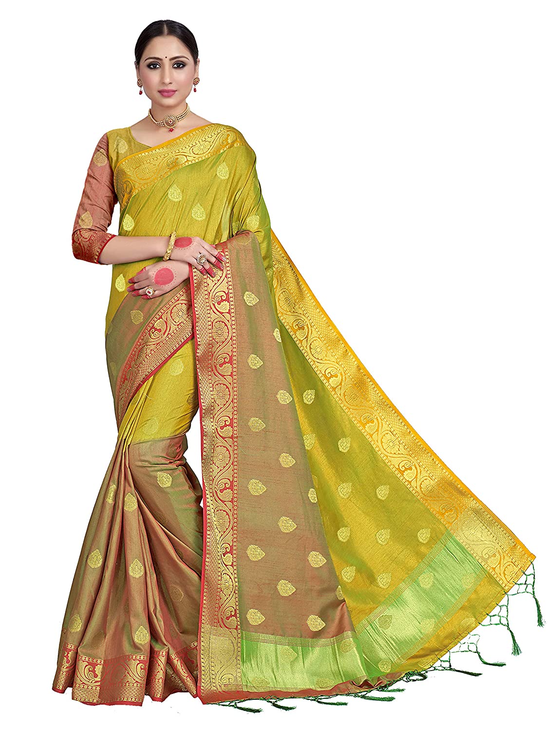 Vardha Women's Yellow Woven Raw Silk Saree | Grocsy