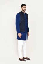 Joban Fashion Blue Colored Imported Jacquard Fabric Open Jacket, Indo Western With Straight Fit Pant | Grocsy