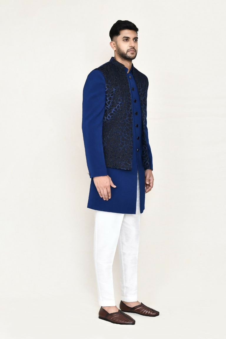 Joban Fashion Blue Colored Imported Jacquard Fabric Open Jacket, Indo Western With Straight Fit Pant | Grocsy