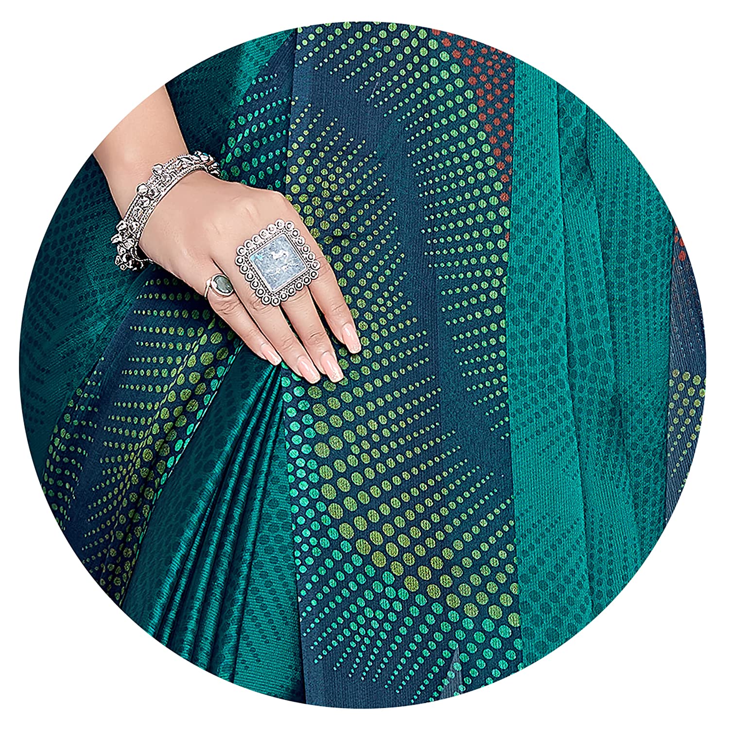 Mirchi Fashion Women's Teal Chiffon Colorful Moire Prints Saree | Grocsy