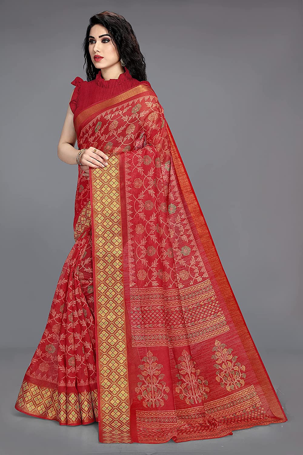 Mirchi Fashion Women's Red Cotton Blend Kalamkari Printed Saree | Grocsy