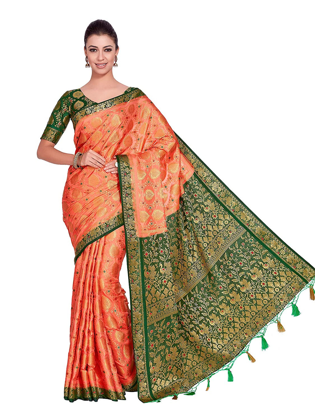 Mimosa Women's Orange Art Silk Kanjivaram Pattu Style Saree With Contrast Blouse | Grocsy
