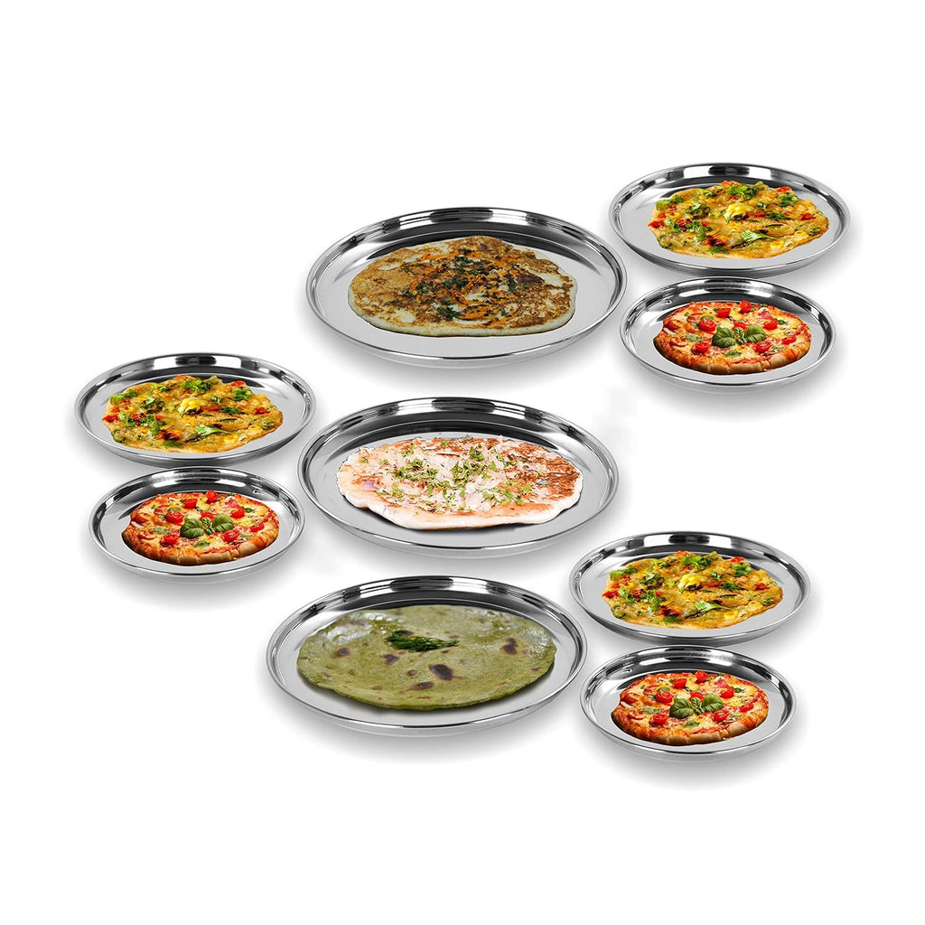 Sumeet Stainless Steel Heavy Gauge Multi Purpose Plates with Mirror Finish Set of 9pc (Dia - 17cm, 22cm,27.5cm) | Grocsy
