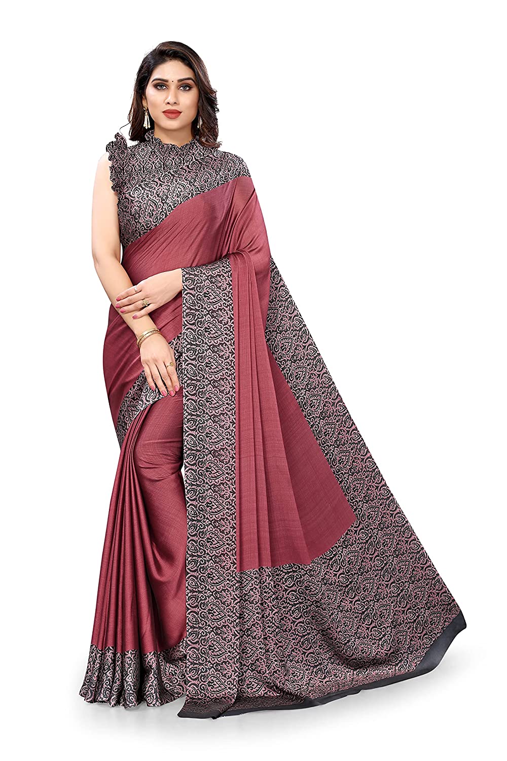 Mirchi Fashion Women's Pink & Black Printed Chiffon Saree | Grocsy