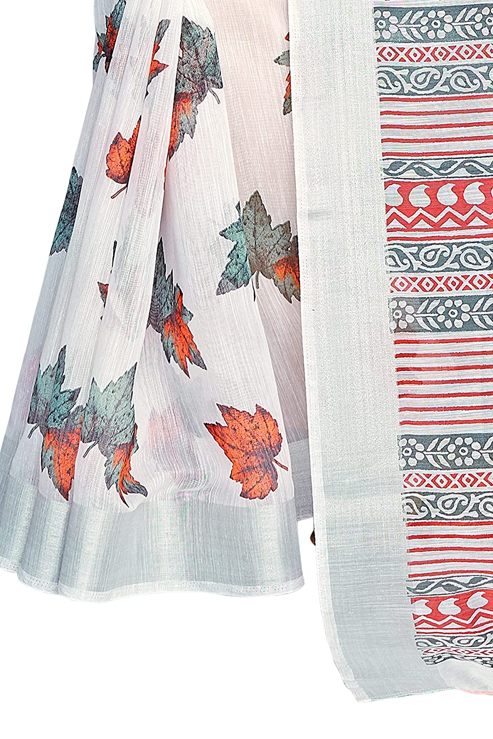 Mirchi Fashion Women's White Cotton Blend Blossom Leafs Printed Saree | Grocsy