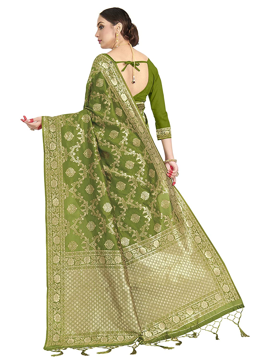 Vardha Women's Olive Green Banarasi Art Silk Saree | Grocsy