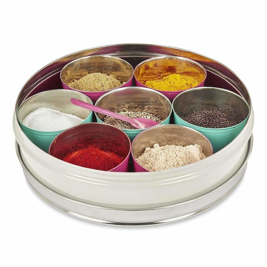 Stainless Steel Made Masala Box Spice Box Masala Dabba Container With Glass Lid 7 Compartments With 1 Spoon | Grocsy