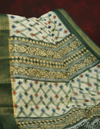 Half White And Parrot Green Colour Ikat Design Semi Chanderi Saree By Gayathri Reddy Designer Studio | Grocsy
