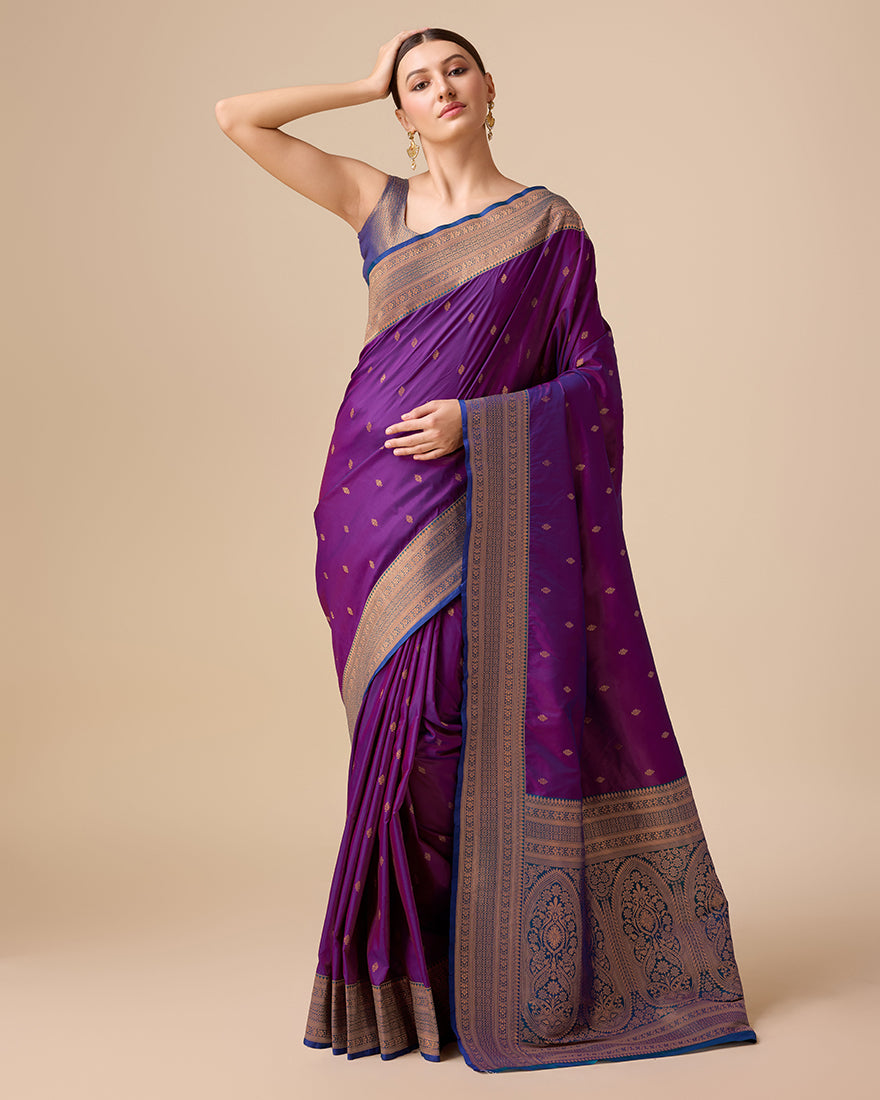 Monjolika Fashion Elegant Dark Purple Banarasi With Intricate Zari Work With Rich Brocade Patterns Silk Saree | Grocsy